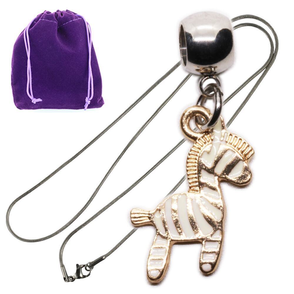 Zebra Print Charm Animal Necklace Cute Striped Zebra Pendant Gold Tone and White